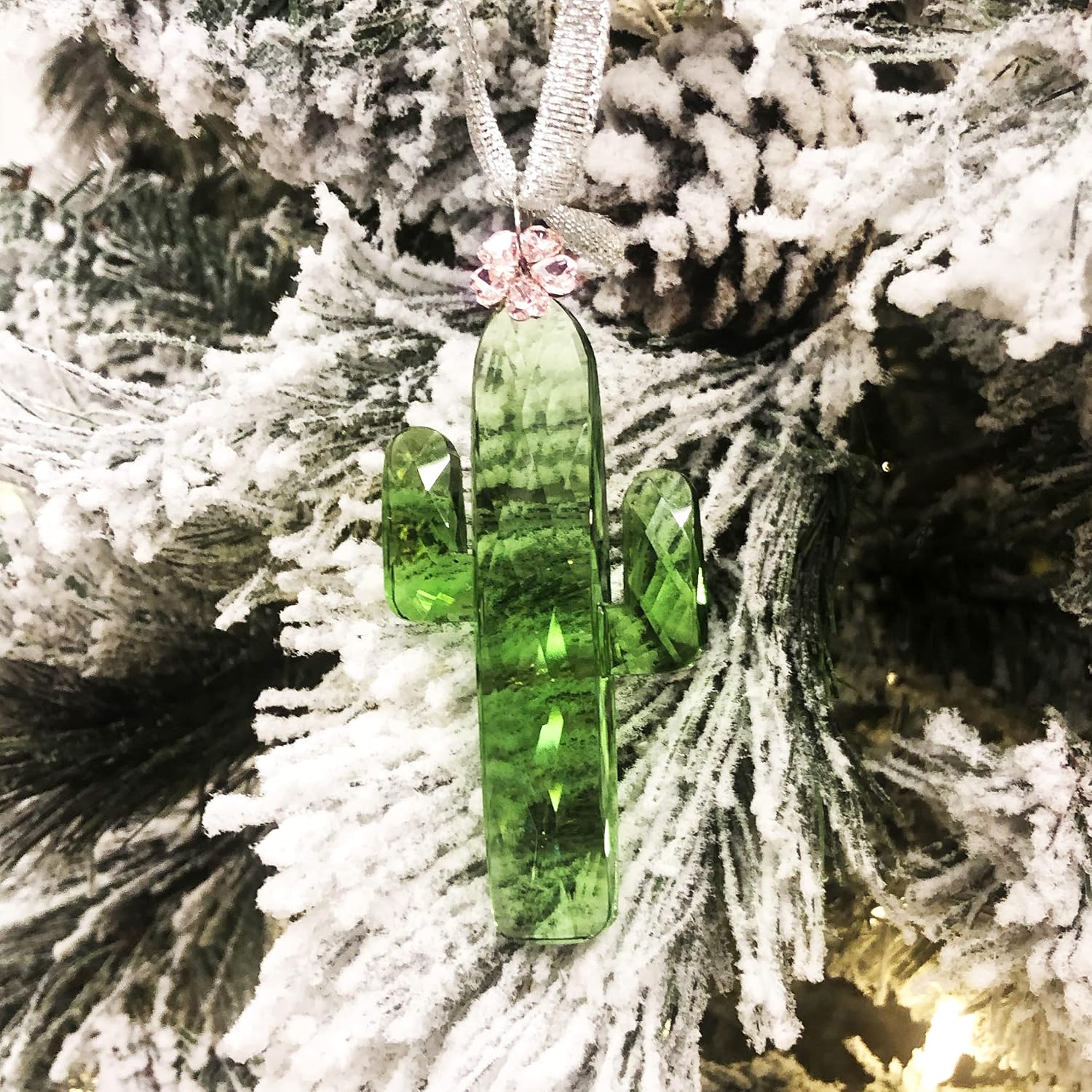 Green Quartz Crystal Figurines - Cactus Ornament Sun Catcher, Saguaro Southwest Holiday Decor with Silver Ribbon, Christmas and Holiday SW Cactus Ornament Gift and Decoration - Image 4
