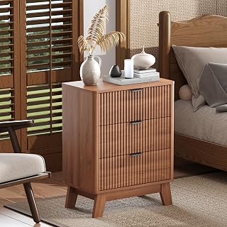 Wodeer Walnut Nightstand with 3 Drawers, Mid Century Modern Wooden Bedroom Nightstand, Bedside Table & End Table with Metal Handles, Farmhouse Night Stands for Bedroom