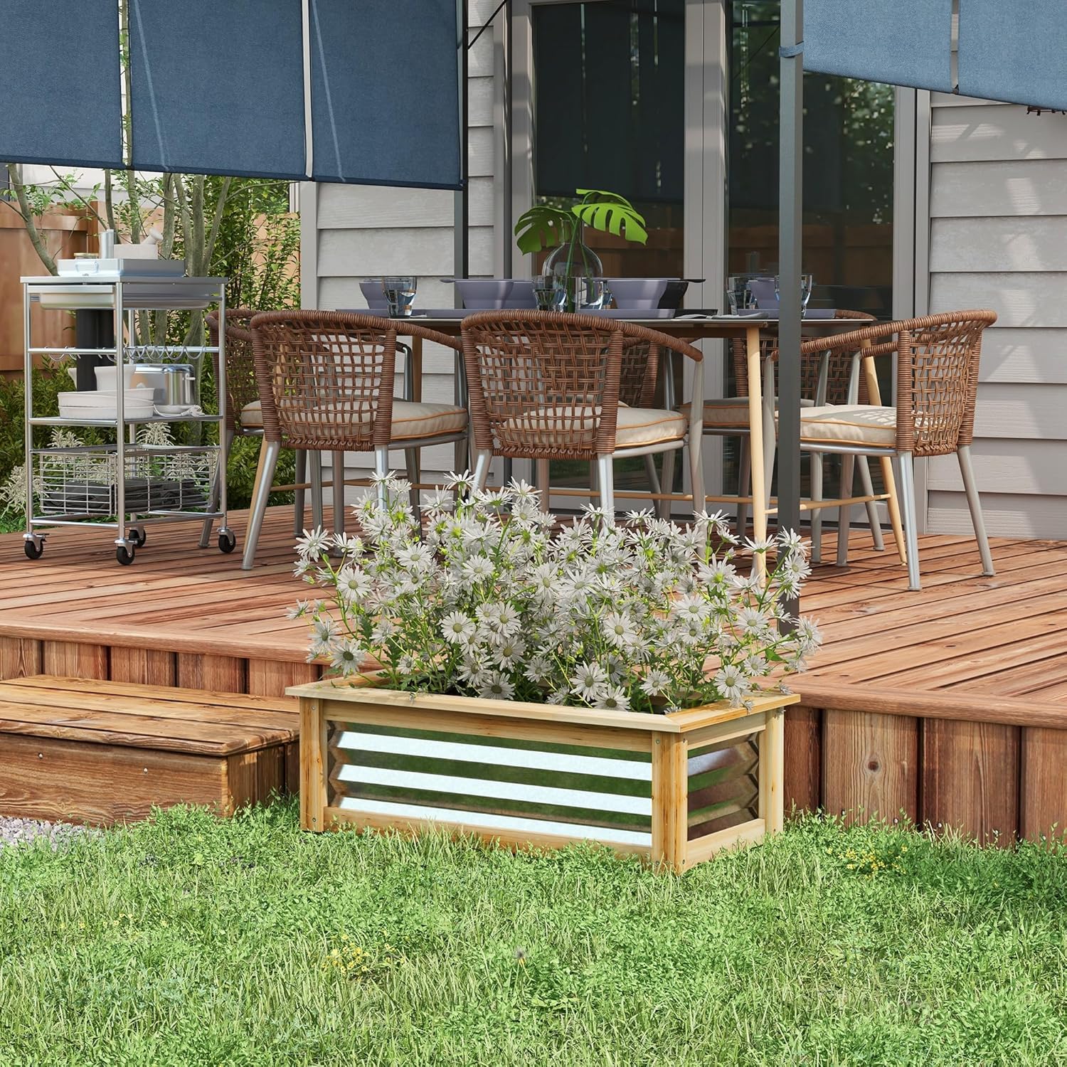Raised Garden Bed Kit, Outdoor Planter Box, Galvanized Metal Reinforced with Wood, Stock Tank for Growing Flowers,s and Vegetables