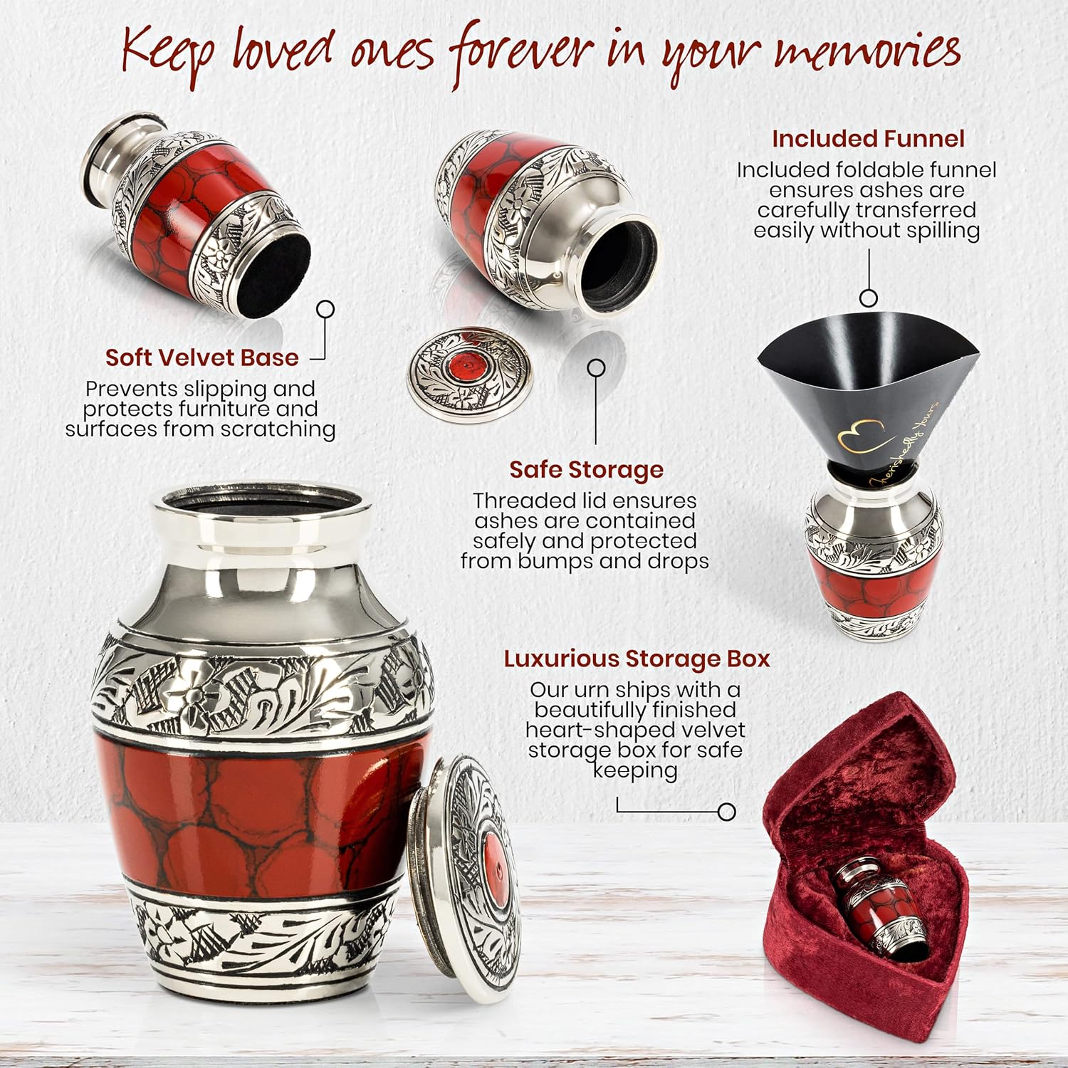 Small Keepsake Cremation Urns for Human Ashes with Velvet Heart Case and Funnel - Crimson : Deep Red Brass Hand Engraved Mini Memorial Urn