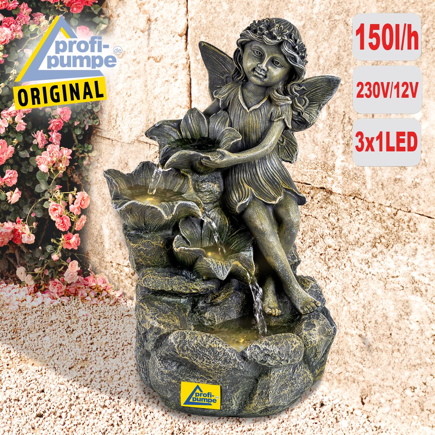 AMUR Fontaine de Jardin Décorative Fée des Fleurs Fontaine d'Intérieur avec Lumière LED 230 V pour Jardin, Terrasse, Balcon