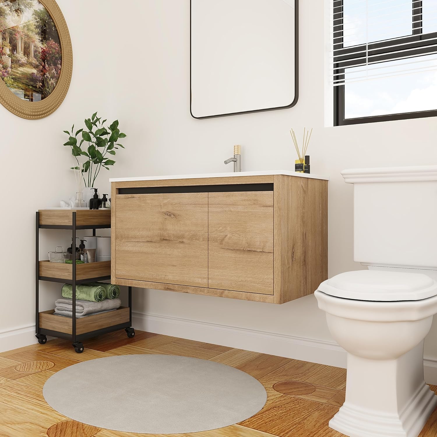 36 Inch Bathroom Vanity with Sink,Wall Mounted Bathroom Vanity Sink Combo w/Soft Close Door&Draw for Large Space,Modern Floating Bathroom Vanity w/Top Basin & Storage Cabinet,Brown