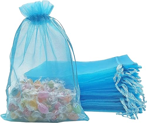 Jexila - 100 bolsas de organza transparentes de 5 x 7 pulgadas con cordón color turquesa, bolsas para regalar joyería, bolsas para regalo de malla