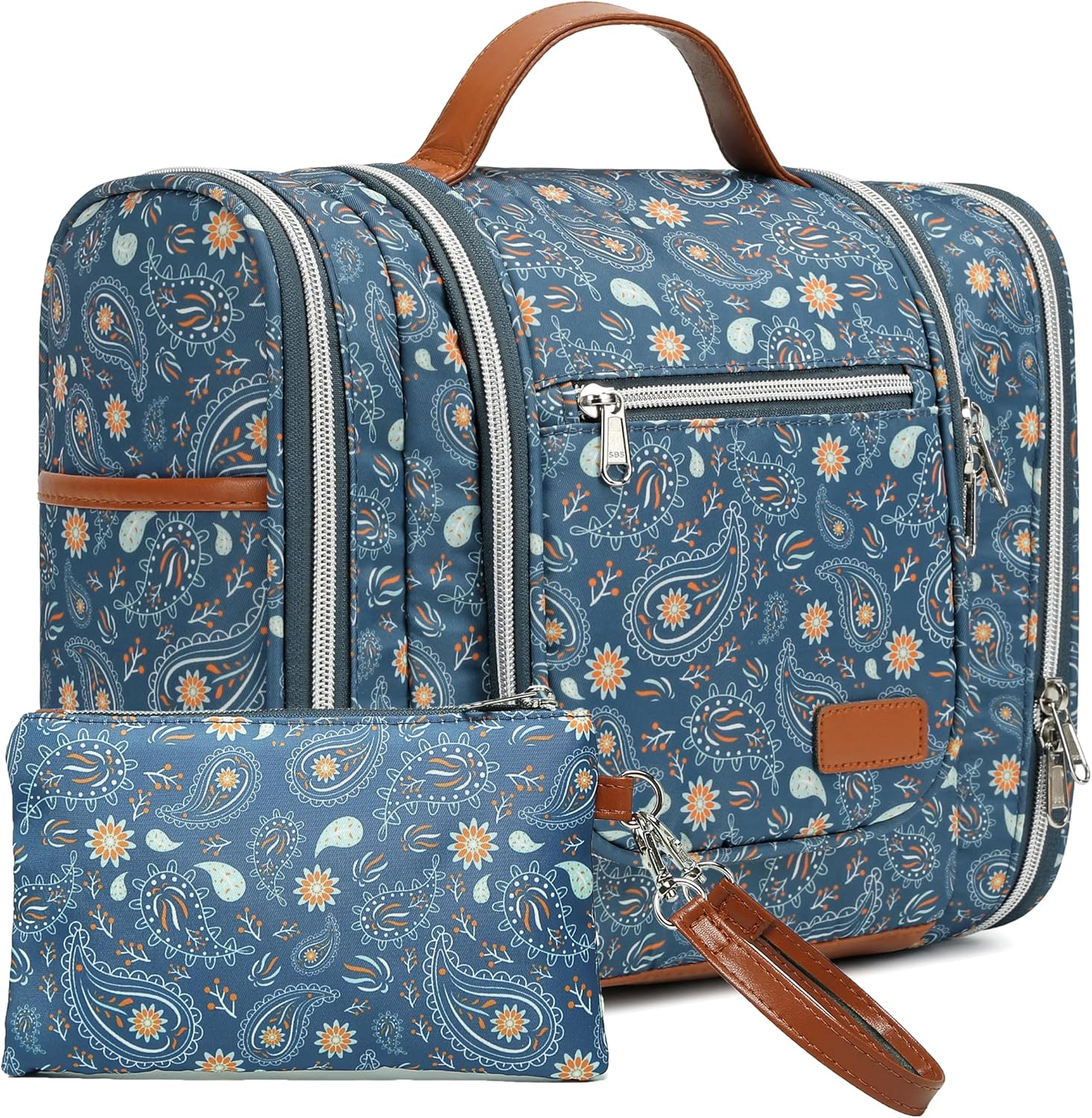 Hanging Toiletry Bag for Women, Travel Makeup with Metal Swivel Hook, Organizer for Full Sized Cosmetics and Toiletries,Water-Resistant Nylon,Paisley Floral