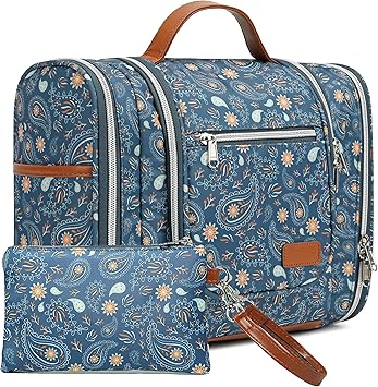 Hanging Toiletry Bag for Women, Travel Makeup with Metal Swivel Hook, Organizer for Full Sized Cosmetics and Toiletries,Water-Resistant Nylon,Paisley Floral
