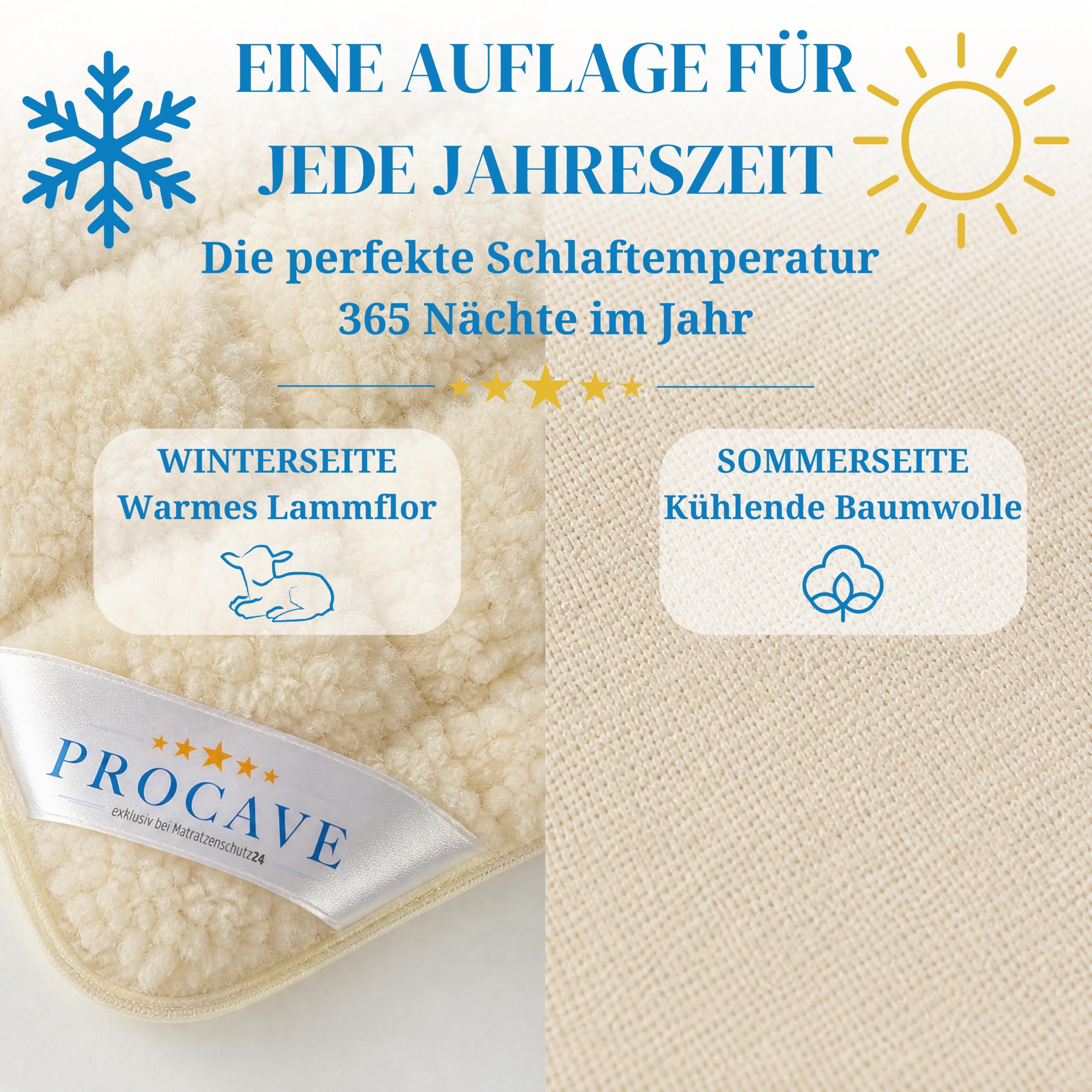 PROCAVE weiches Unterbett mit Lammflor und Schurwolle. hochwertige Matratzen-Topper. Matratzen-Schoner mit 4 Eckgummis. Matratzen-Auflage 90x200 cm