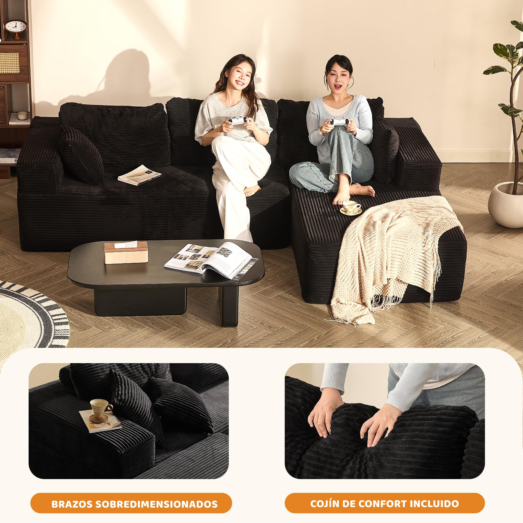 272 cm Sofá Chaise Longue 3 Plazas Modular sin Montaje, Pana, Negro | Configuración Flexible, Asiento Profundo, Espuma de Alta Densidad, Cojines de Respaldo, Para Salón