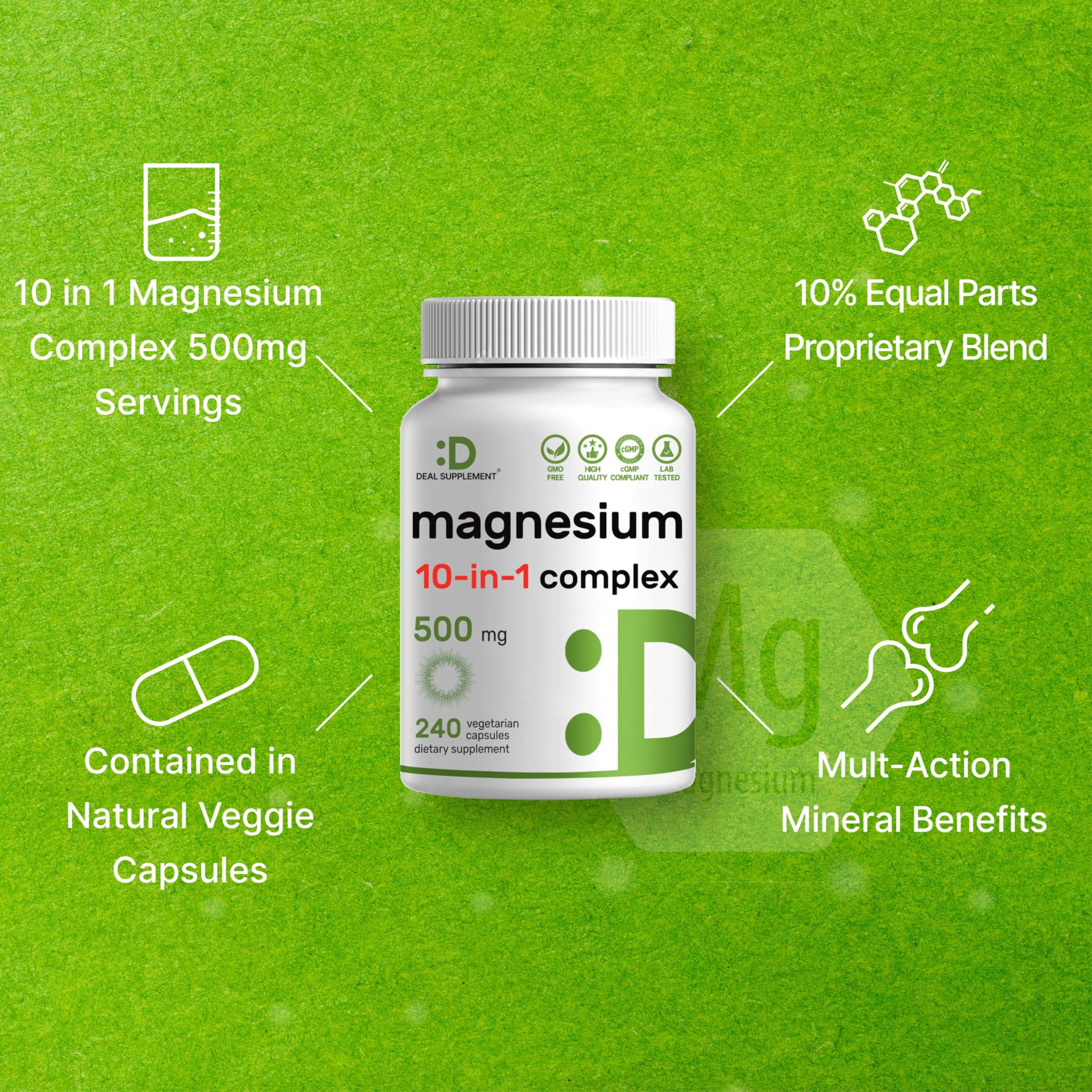 Magnesium Complex 500mg, 240 Veggie Capsules | 10-in-1 Glycinate, Citrate, Malate, & More | 100% Chelated for Easy Absorption | Essential Mineral Supplement for Muscle, Sleep, & Heart Health