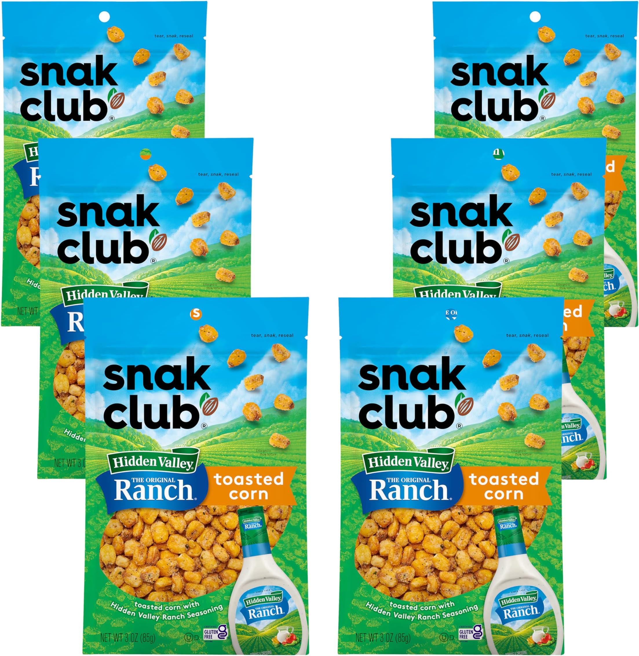 Snak Club Toasted Corn with Hidden Valley Ranch Seasoning, Roasted and Salted Corn Nuggets, Gluten-Free and Kosher Snack, 3 oz Resealable Bags, 6 Pack