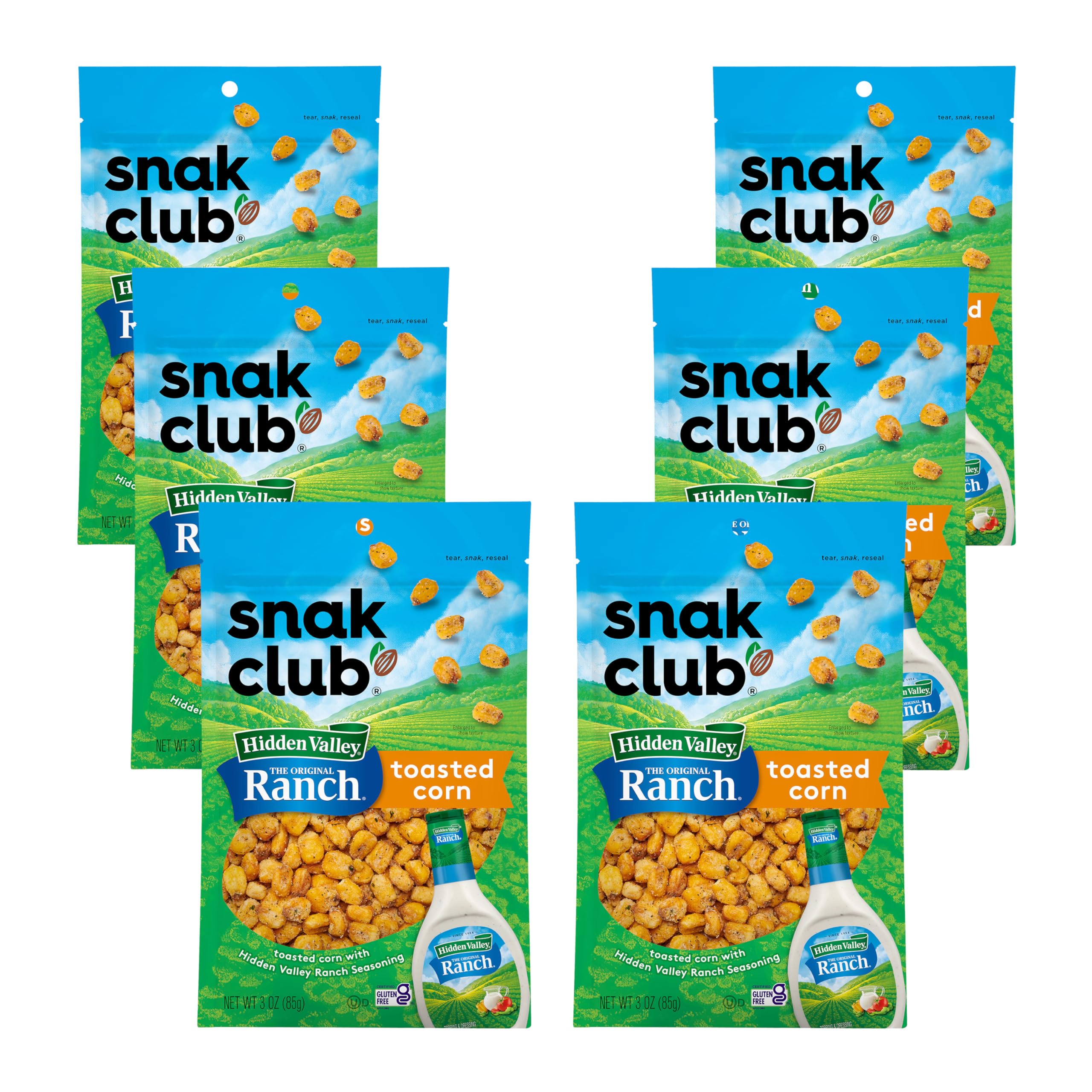 Snak Club Toasted Corn with Hidden Valley Ranch Seasoning, Roasted and Salted Corn Nuggets, Gluten-Free and Kosher Snack, 3 oz Resealable Bags, 6 Pack