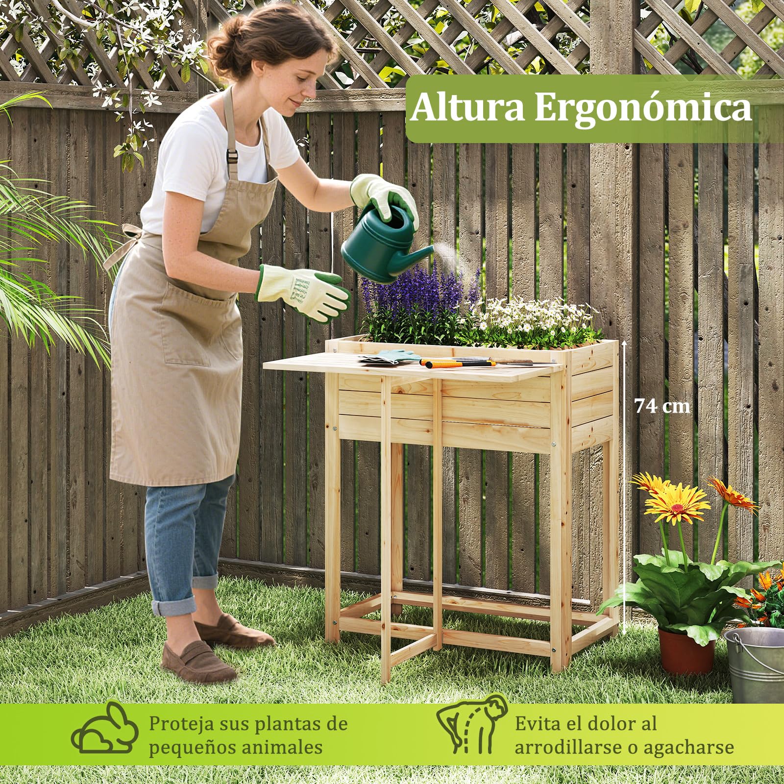 COSTWAY Cama de Jardín Elevada de Madera con Patas, Mesa Lateral Plegable, Drenaje, Caja de Plantación Elevada para Flores Hierbas Verduras Frutas, Jardinera Interior Exterior para Patio Trasero