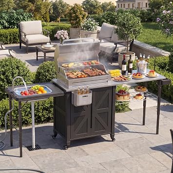 Outdoor Grill Cart with Stainless Steel Top, Outdoor Kitchen Island BBQ Prep Table, Storage Cabinet, Mobile Grill Cart with Folding Hanging Trash Bin, Wheels, Side Shelf for Patio, Garden, Picnic