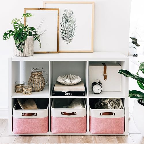 Vista 42 de OrganiHaus - Canastas de almacenamiento estrechas, 15 x 06 pulgadas, pequeñas, para estantes, armarios, baños, organizador de tela con asas, Beige