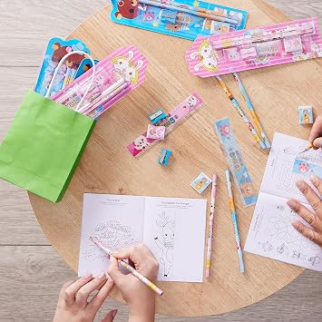 THE TWIDDLERS - 40 Kids Stationery Sets, 20 Pink & 20 Blue - Contains Two Pencils, Ruler, Sharpener & Eraser - Multipack Perfect Party Bag Fillers For Kids, Classroom School Prizes