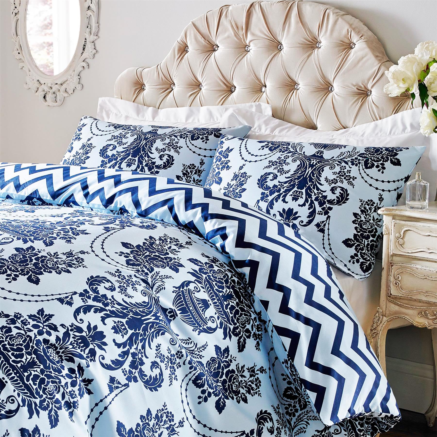 Roseley Reversible Damask Print Duvet Cover 3pc Bed Set Soft Micro Polyester Quilt Cover & Pillow Cases Floral Print Bedding 200TC [Blue & Navy Blue, Super King]