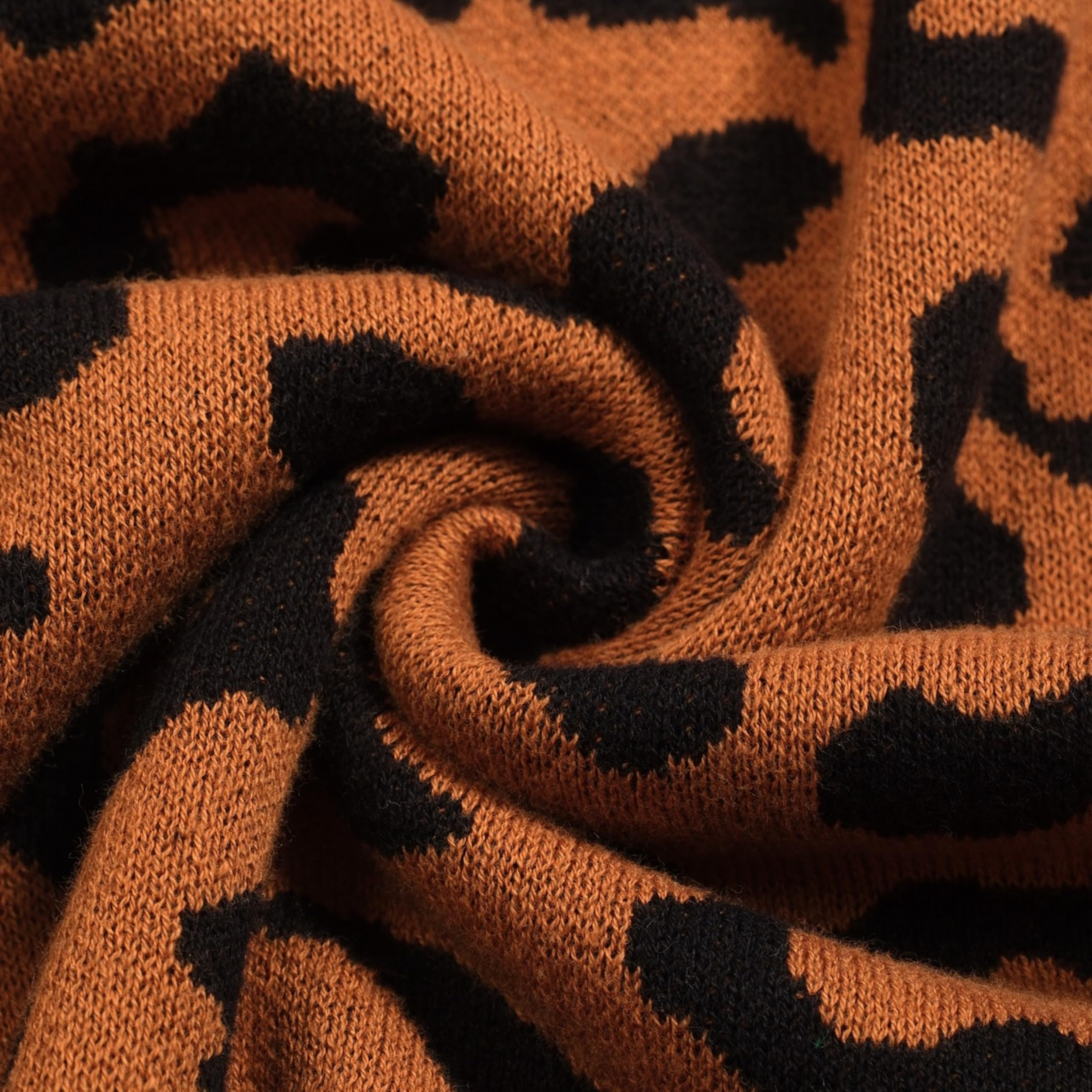 OXKNIT Damen Poloshirt Kurzarm Braun Vintage Polohemd aus Jacquard-Strick mit Leopardmuster