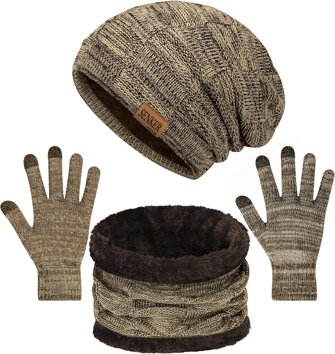 Senker Fashion Winter Hats Scarf and Gloves Set for Men Women, Slouchy Beanie Cap Neck Warmer Screen Touch Gloves Gifts