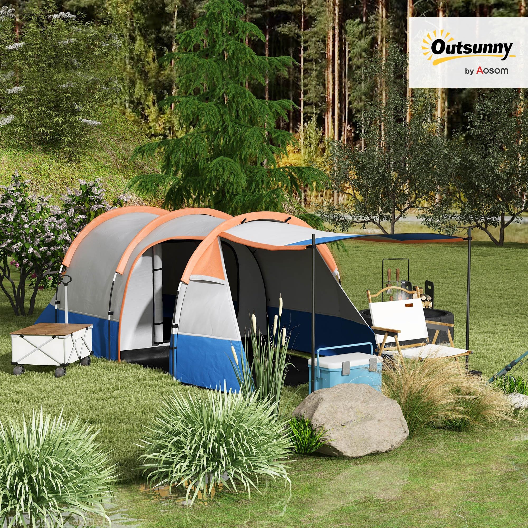 Outsunny 2-3 Man Camping Tent, Tunnel Tent with Bedroom, Living Room and Porch, Sewn-in Groundsheet, Portable with Bag, for Fishing Hiking Festival