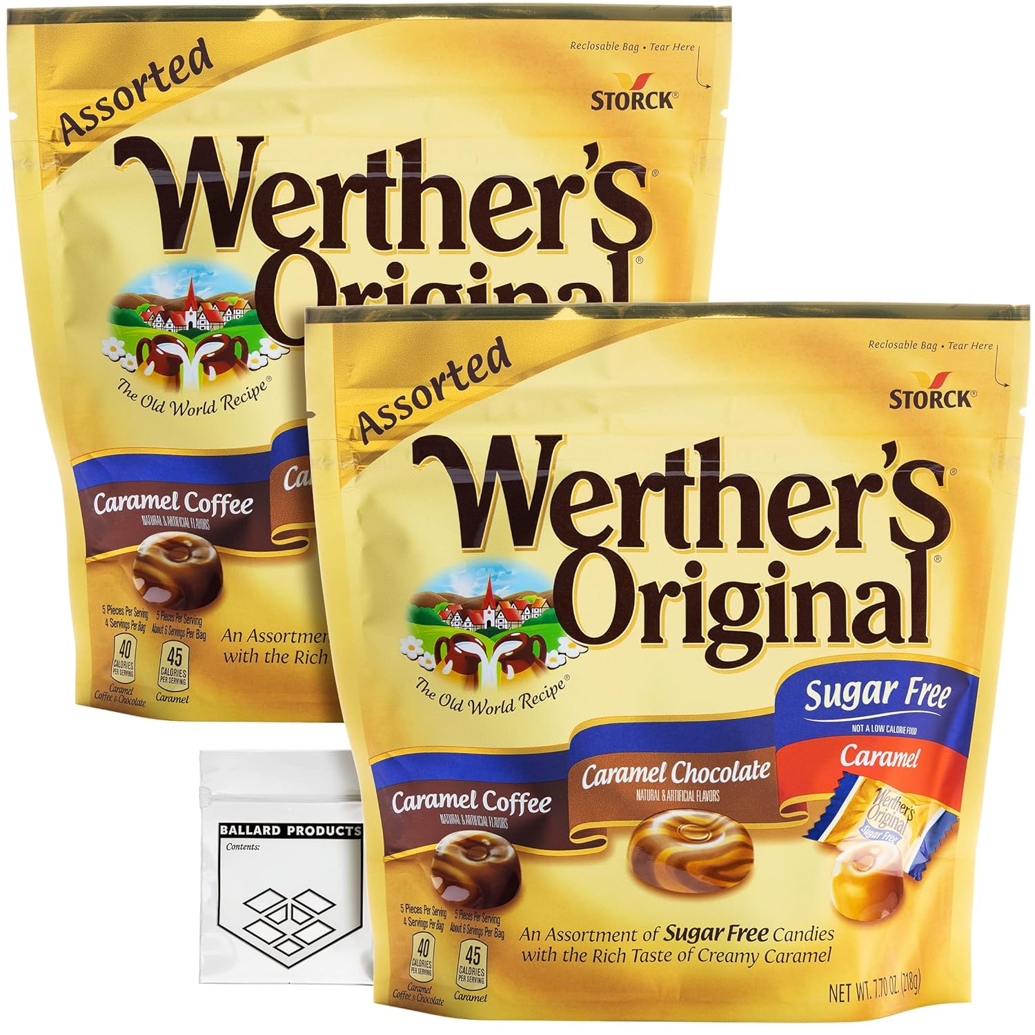 Werther's Original Sugar Free Assorted Candy Pack of 2 Bags of Hard Candy (7.7oz Each) - 3 Flavors: Coffee, Chocolate, Caramel - Bundle with Ballard Products Pocket Bag