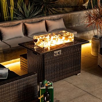 Outdoor Propane Fire Pit Table for Outside Patio, 43 Inch Wicker Fire Pit Table, Rectangle Gas Fire Pit for Garden, Pool, Backyard, 50,000 BTU, Tank Inside, Espresso Color