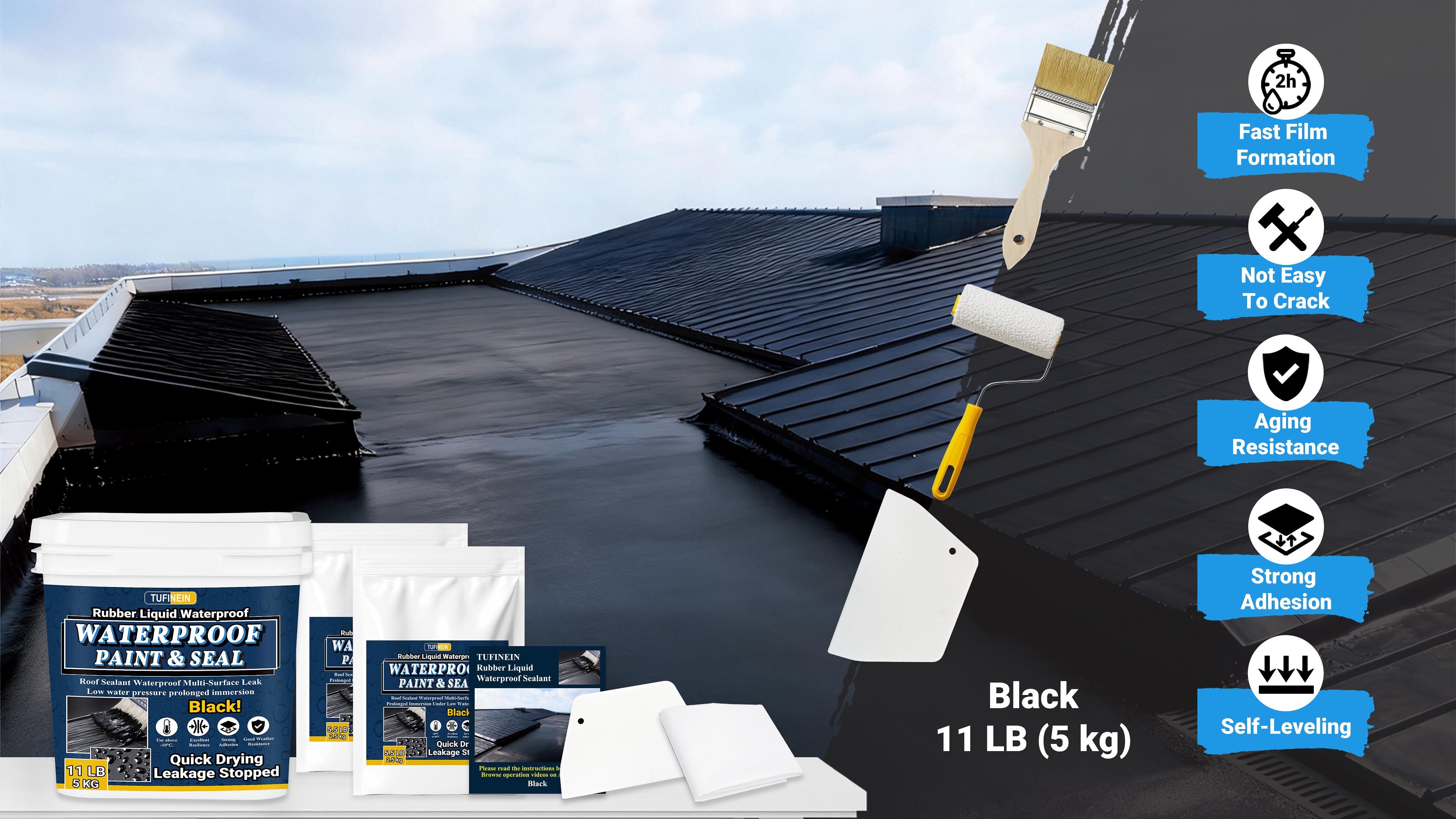 Image of Rubber Liquid Waterproof Sealant, TUFINEIN 11 LB /5 KG Black Quick Drying Multi Surface Foundation Leak Repair - Roof Gutters Basement Sealer Waterproof - Indoor & Outdoor Flexible Rubber Paint