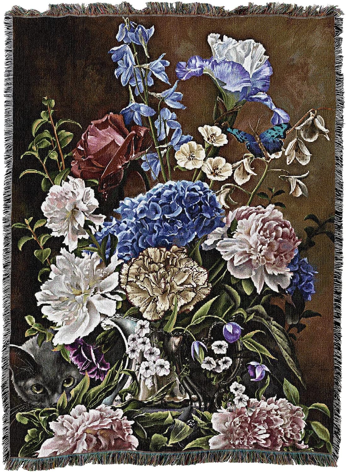 Pure Country Weavers Bouquet in Blue Blanket by Nene Thomas - Gift for Cat Lovers - Tapestry Throw Woven from Cotton - Made in the USA (72x54)