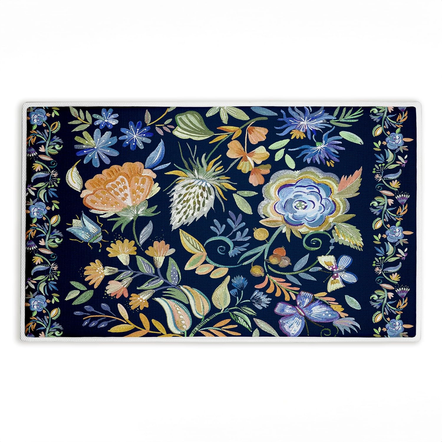 Stupell Industries Painted Blue Floral on Black Plush Bathroom Mat & Bath Rug, Soft Quick-Dry Non-Slip Bathroom Rug with Recycled Foam Cushion, Modern Floral Botanical Design by ANI Del Sol, 18"x30"