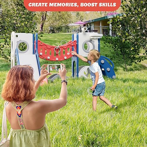 Miniatura 5 de Juego de parque infantil con arco de escalada, juego de golf, tobogán y aro de baloncesto, juguetes para exteriores, equipo de jardín de plástico