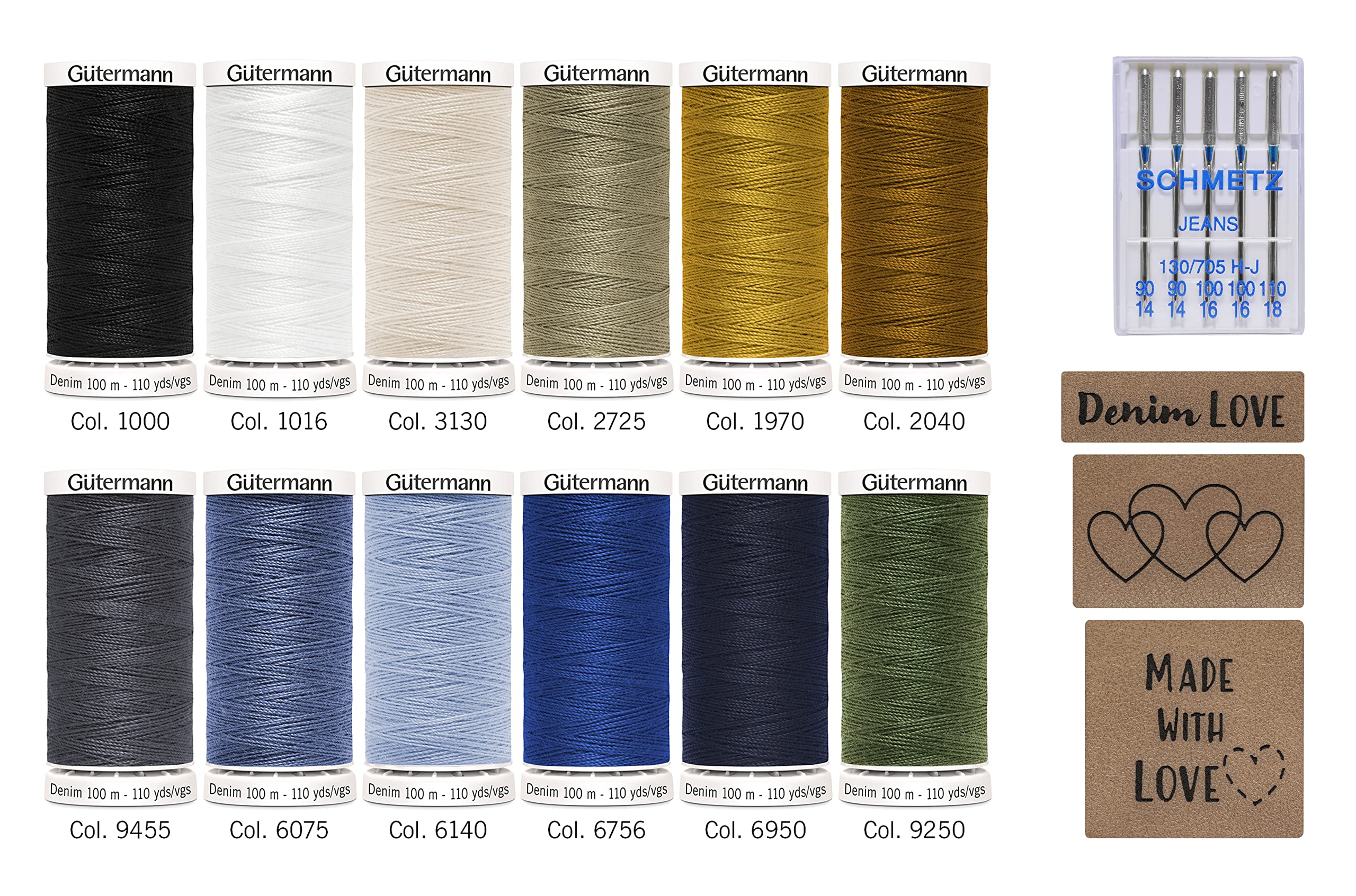 Gutermann creativ Denim Box con 12 bobinas de hilo para vaqueros profesional Denim 100 m, 5 agujas para máquinas de coser vaqueros de Schmetz y 3 etiquetas de cuero sintético, multicolour, 799782