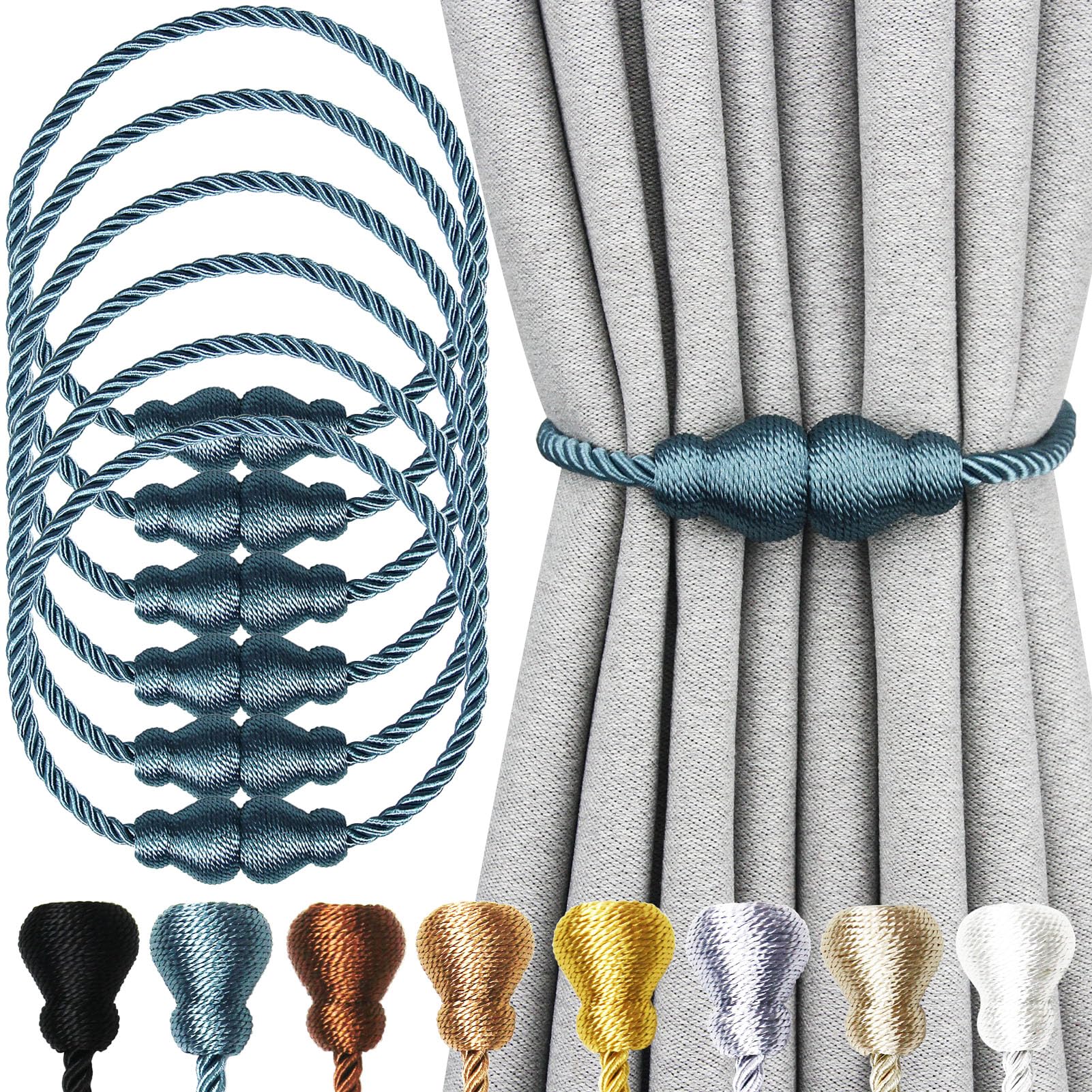 Nieffeiy Magnetic Curtain Tiebacks Outdoor Curtain Tie Backs Rope Decorative Magnetic Curtain Holders for Drapes Window Treatment Holdbacks, Blue 6Pack