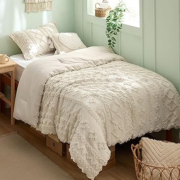 Bedsure Tufted Boho Comforter Set Twin Size - Beige Boho Bed Set, GentleSoft 2 Pieces Farmhouse Shabby Chic Embroidery Bedding, Gifts for Woman, Soft Jacquard Twin Comforter for All Seasons