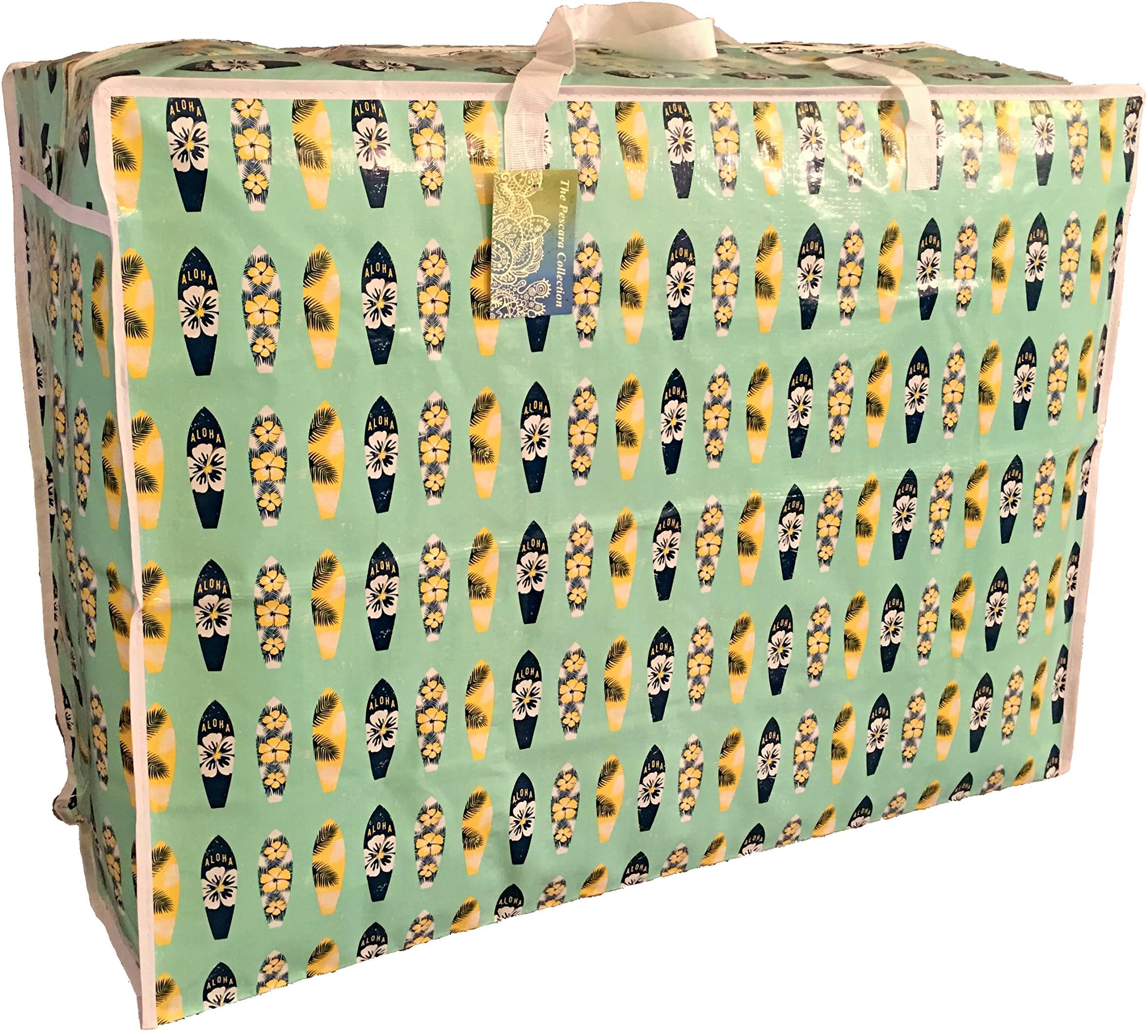 Pescara Collection Extra Large Storage Bag (115 L capacity) – Premium Quality, Practical, Waterproof, Double Zipped Storage Bags for Toys, Laundry, Bedding – Underbed Wardrobe Closet Space Saver, Green Hawaiian surf boards pattern.