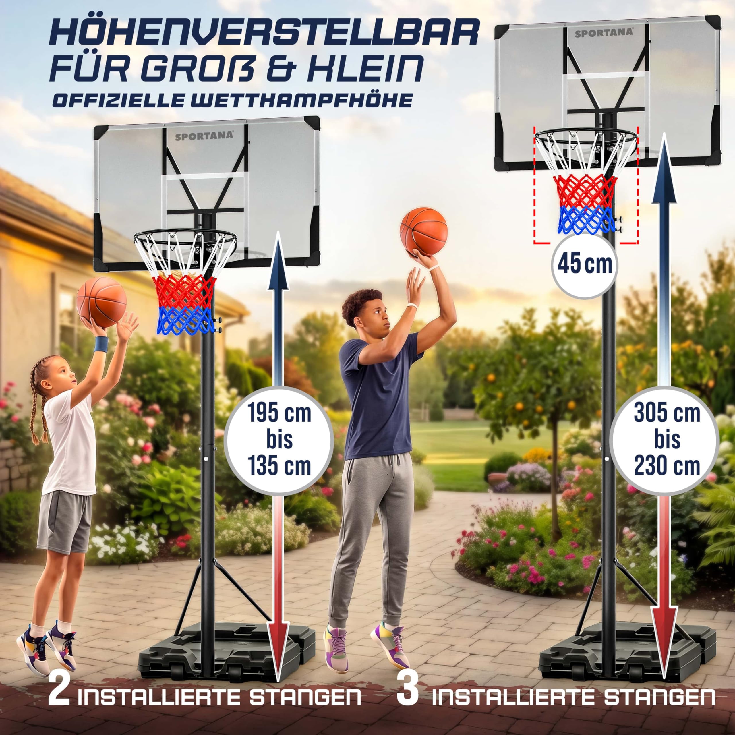 Canestro Basket da Esterno Regolabile 135–305cm Base Riempibile 60 kg Canestro per Pallacanestro con Ruote Struttura Stabile Resistente alle Intemperie Anello Ø45 cm per Bambini e Adulti