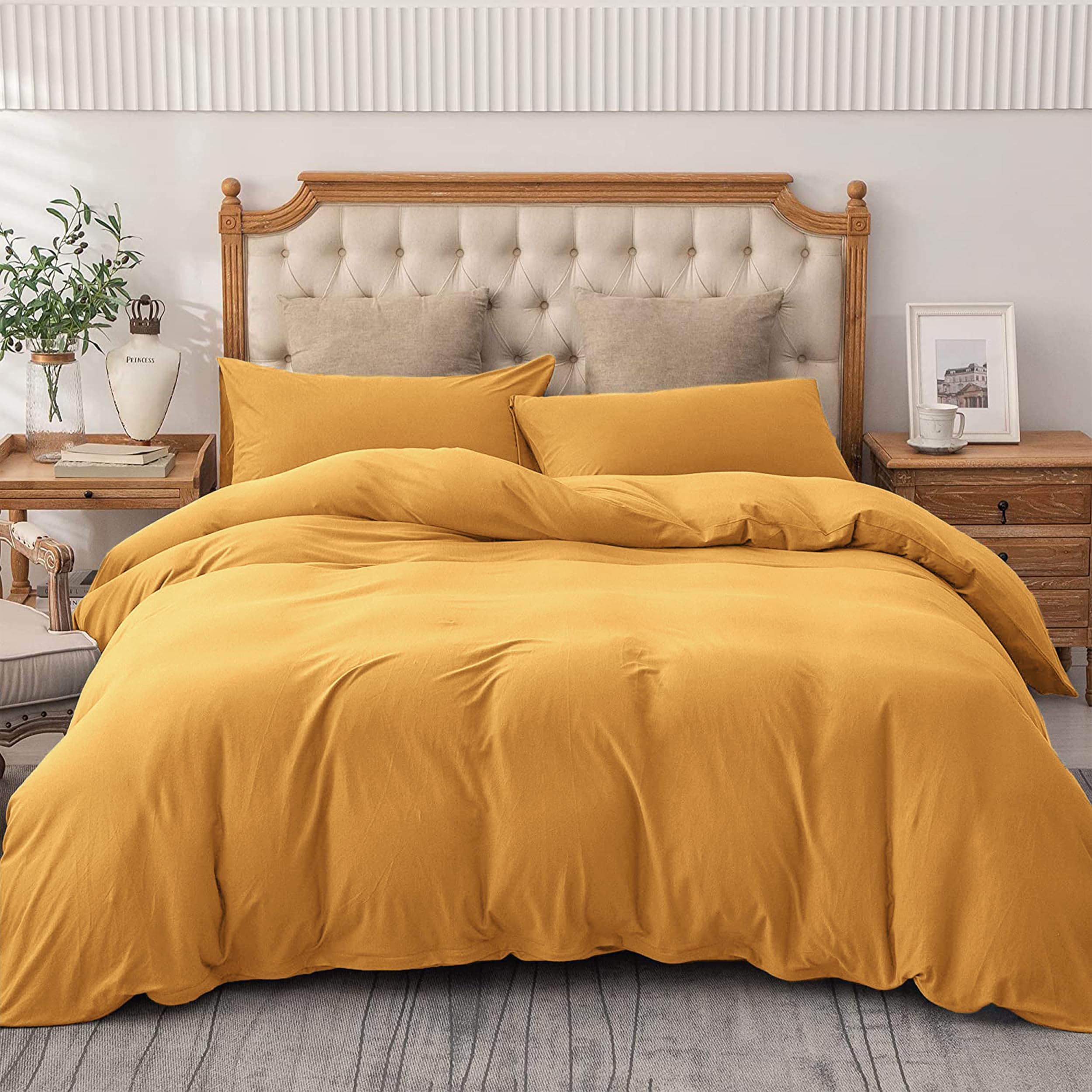 Ameha Ochre King Size Duvet Cover Sets Plain Dyed Quilt Bedding With Pillowcases Soft Breathable Microfibre Bed Set