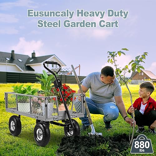 Miniatura 2 de Carrito de jardín de acero con lados extraíbles, carro utilitario resistente de 880 libras con enormes neumáticos todo terreno, carrito de carro con