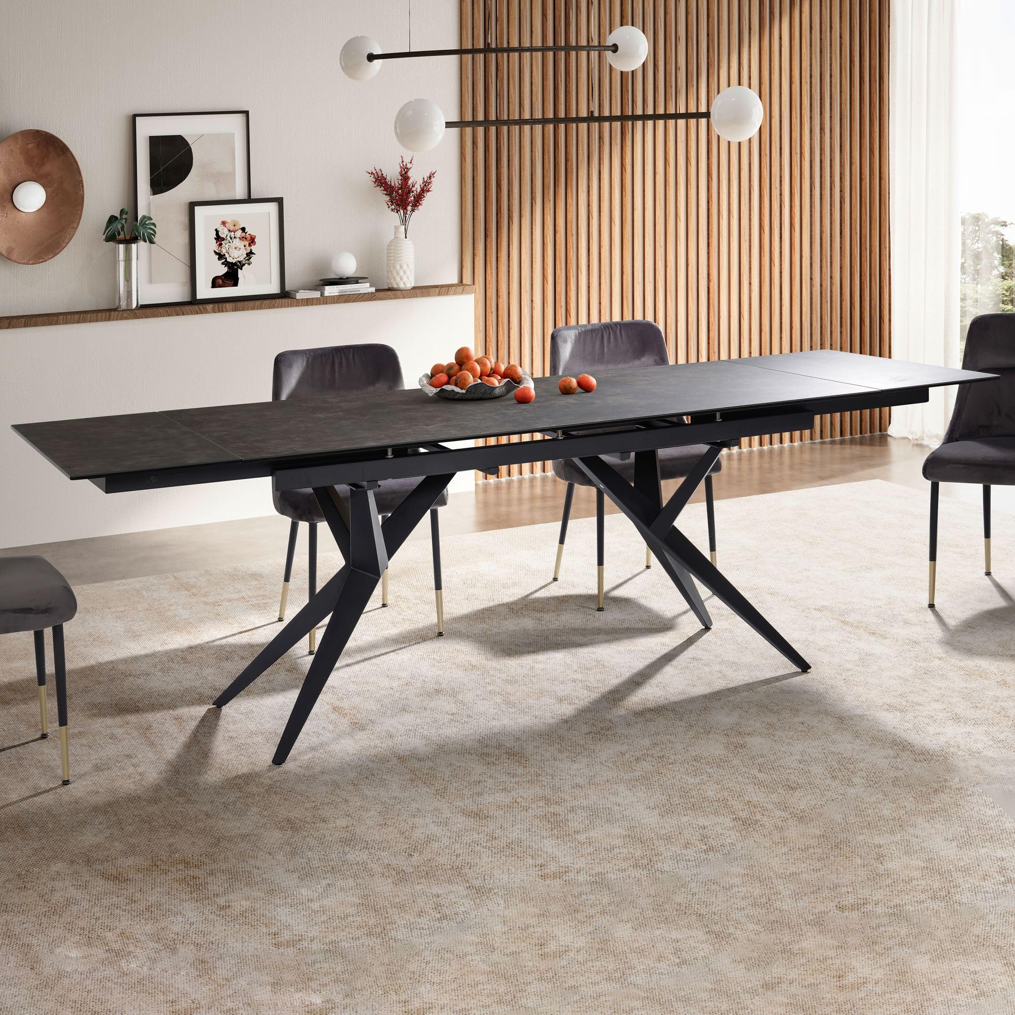 FineBuy Esstisch Ausziehbar 180-260 cm Glas-Keramik Schwarz, Kreuzgestell | Esszimmertisch mit kratzfester und hitzebeständiger Platte, ausziehbare Tafel für bis zu 10 Personen, pflegeleicht