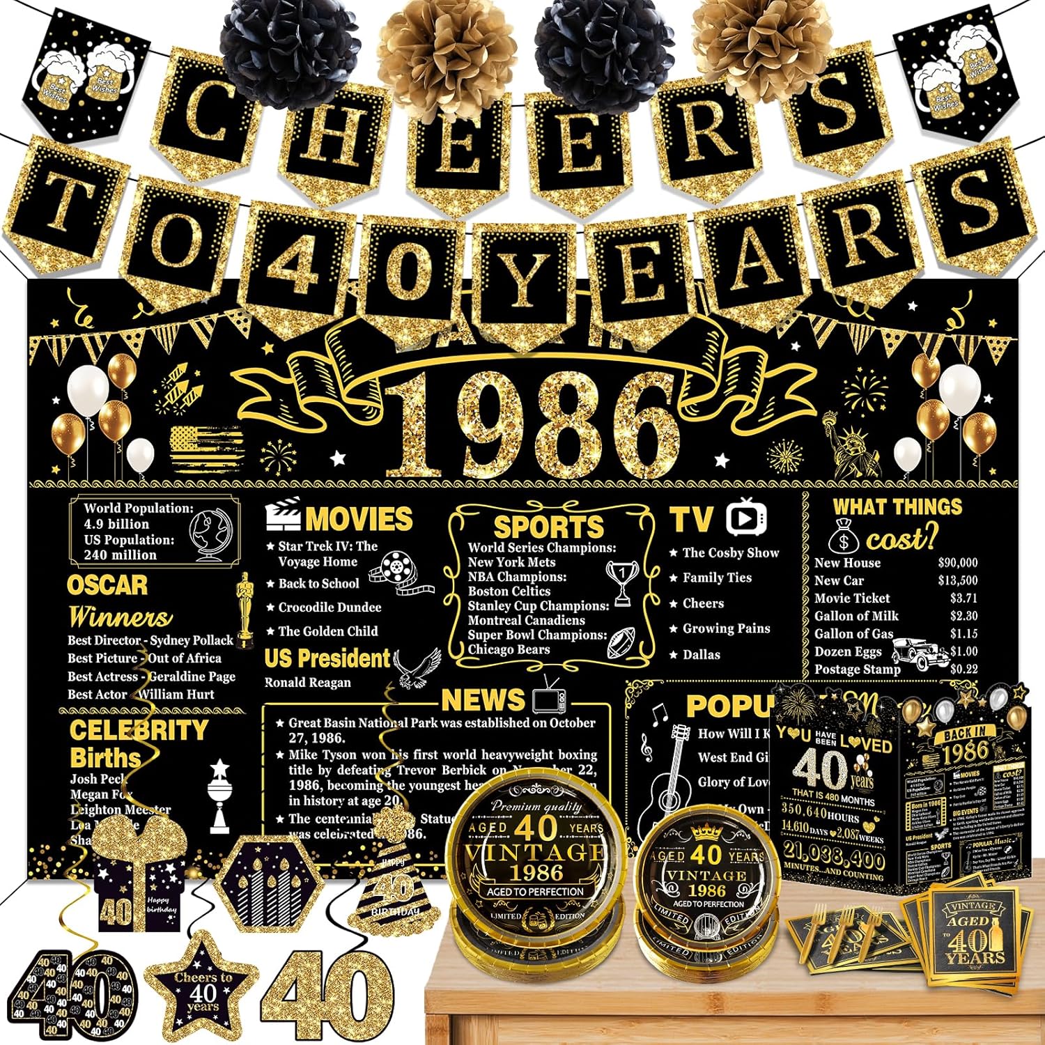 50th Birthday Decorations for Men Women, 103 PCS Back in 1976 Decorations, Vintage 50th Birthday Party Tableware Set for men,Backdrops,Card, banner, paper Poms,Hanging Swirl, Tableware for 24 Guests