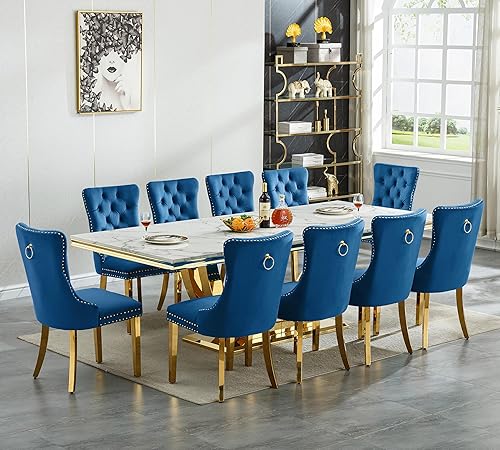 Juego de mesa de comedor grande y moderna de mármol sintético blanco de 94.5 pulgadas, juego de mesa de comedor de 10 piezas con 10 sillas tapizadas