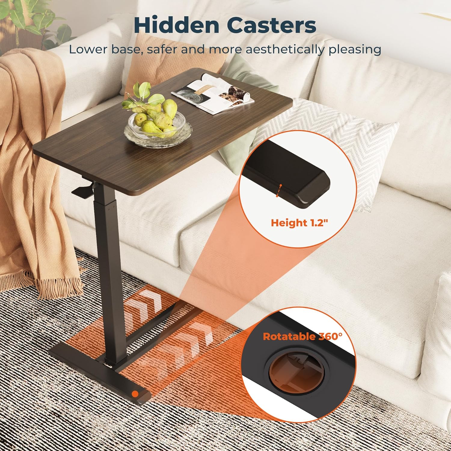 Medical Adjustable Overbed Bedside Table with Casters 90° Tilting Desktop, Pneumatic Mobile Laptop Computer Standing Desk Cart with Tray, Hospital Table(31.5" W x 17.7" D, Mahogany)