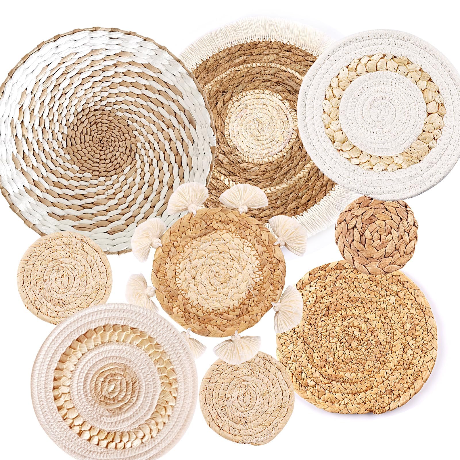 Juego de 9 cestas de pared bohemias tejidas para decoración de pared de algas marinas de ratán, decoración de pared bohemia, ecológica, decoración de pared redonda para casa de campo, dormitorio, sala