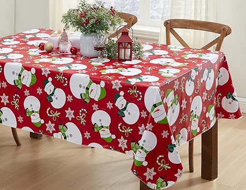 Miniatura 1 de Newbridge Mantel de vinilo de Navidad con diseño de muñeco de nieve rojo con reverso de franela, bastón de caramelo y copos de nieve, mantel de