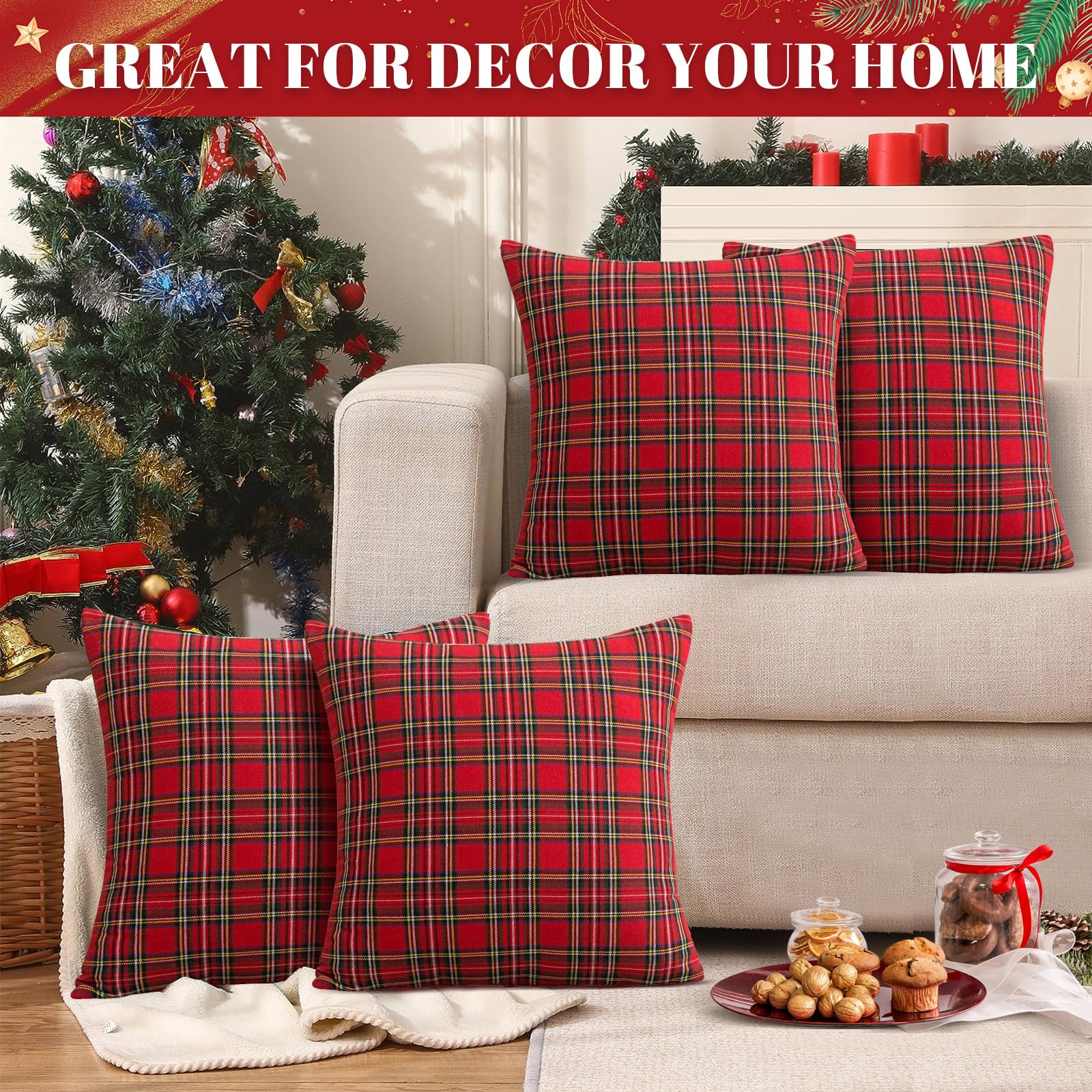 Qelus Christmas Cushion Covers set of 4, Tartan Scottish Throw Pillow Cases, Plaid Check Pillow Covers 45 x 45 cm - Image 2