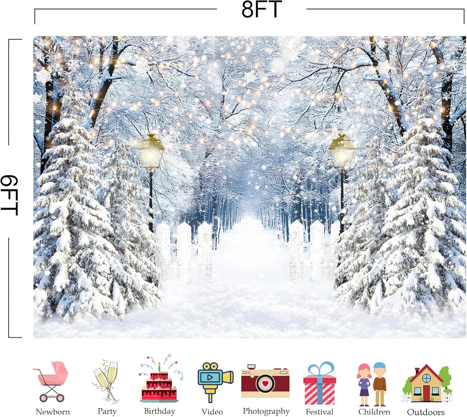 Winter White Snow Photography Backdrop - Snowy Forest Scene with Frosted Branches, Twinkling Lights and Fence on Soft Polyester Fabric for Christmas Party Decor(10x8ft)