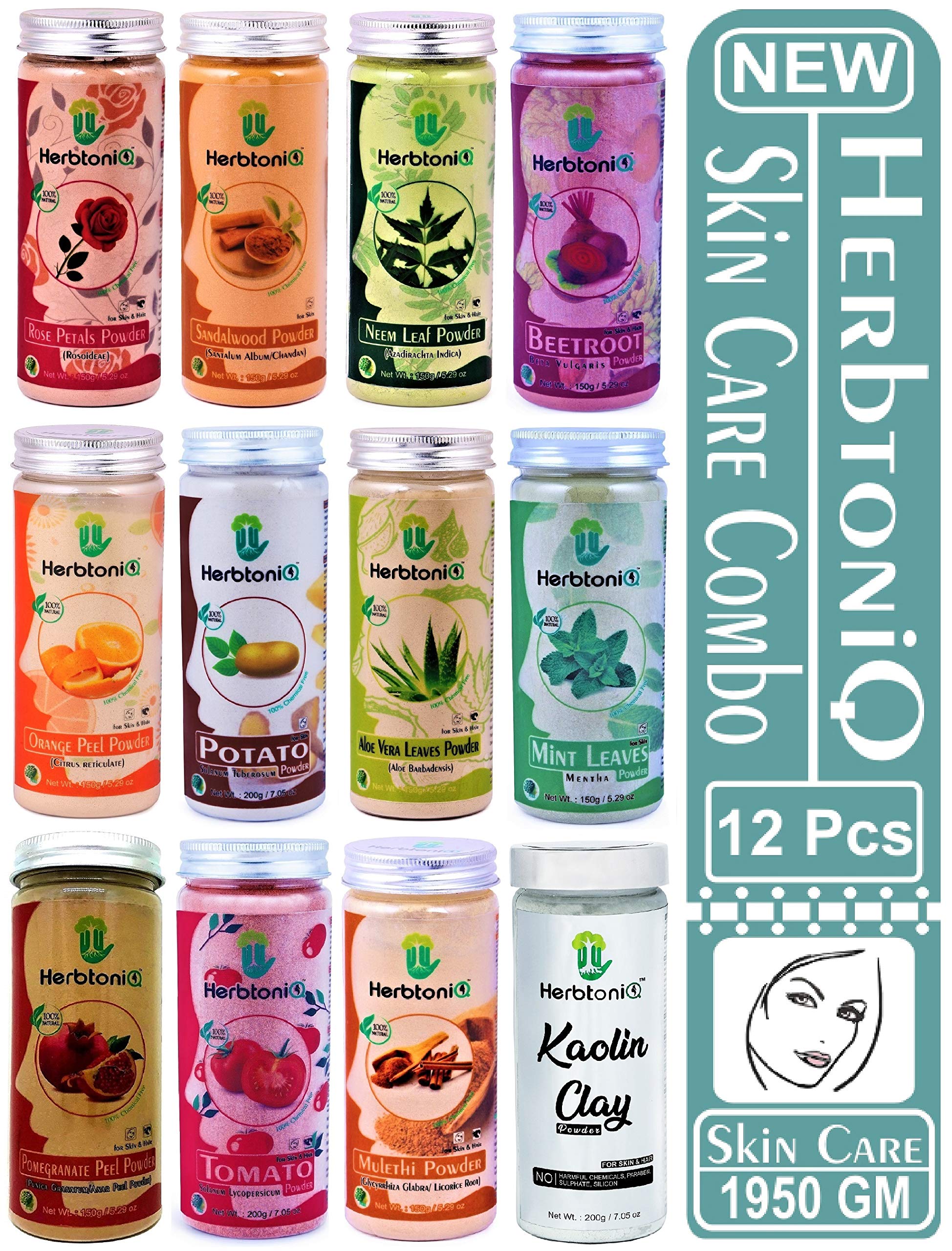 HERBTONIQ100% Natural Rose Petals Sandalwood Neem Beetroot Orange Peel Potato Aloevera Leaves Mint Leaves Pomegranate Peel Tomato Mulethi Kaolin Powder For Skin Care (Pack Of 12, 1950g)