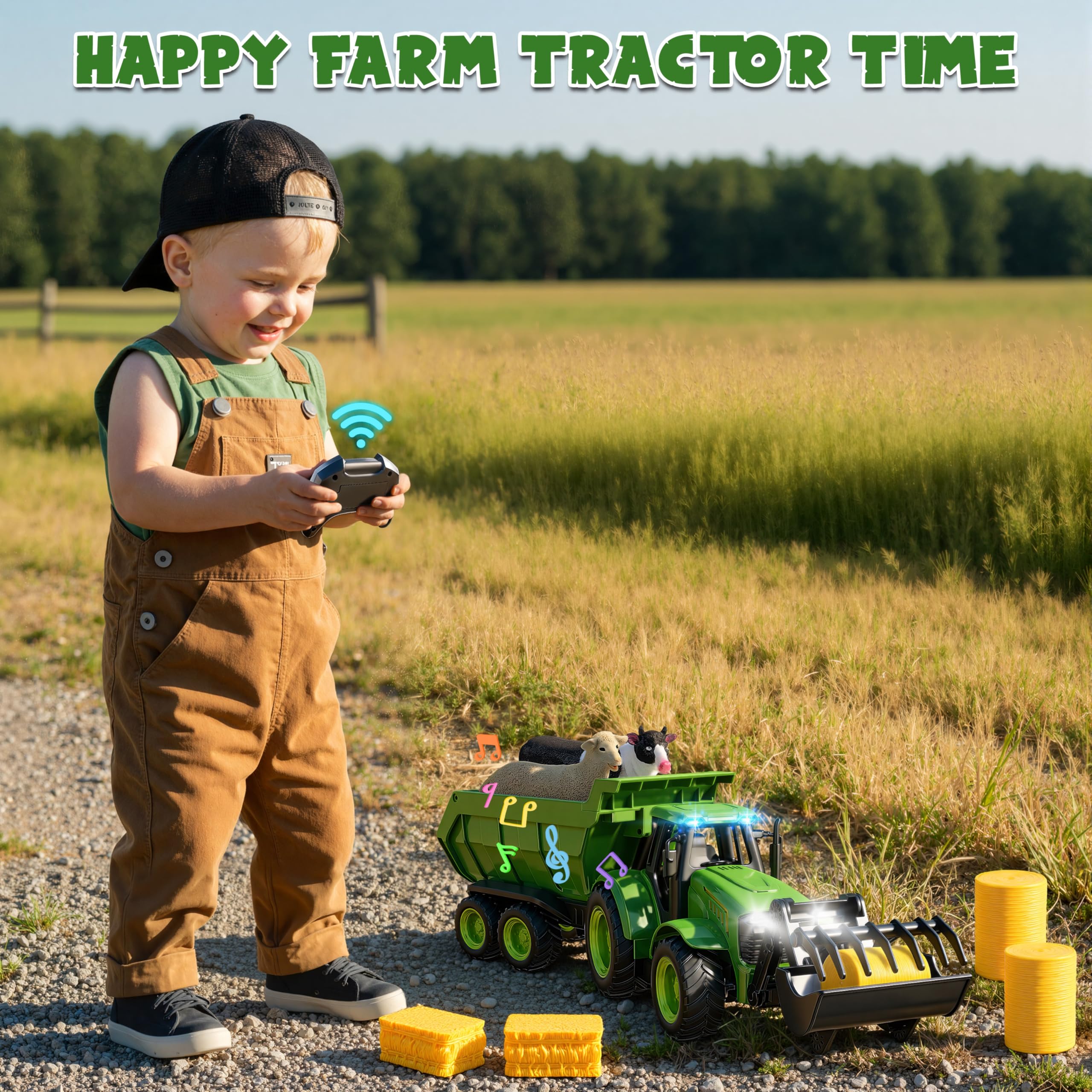 Funwee RC Farm Tractor Toy Playset con caricatore, rimorchio e animali