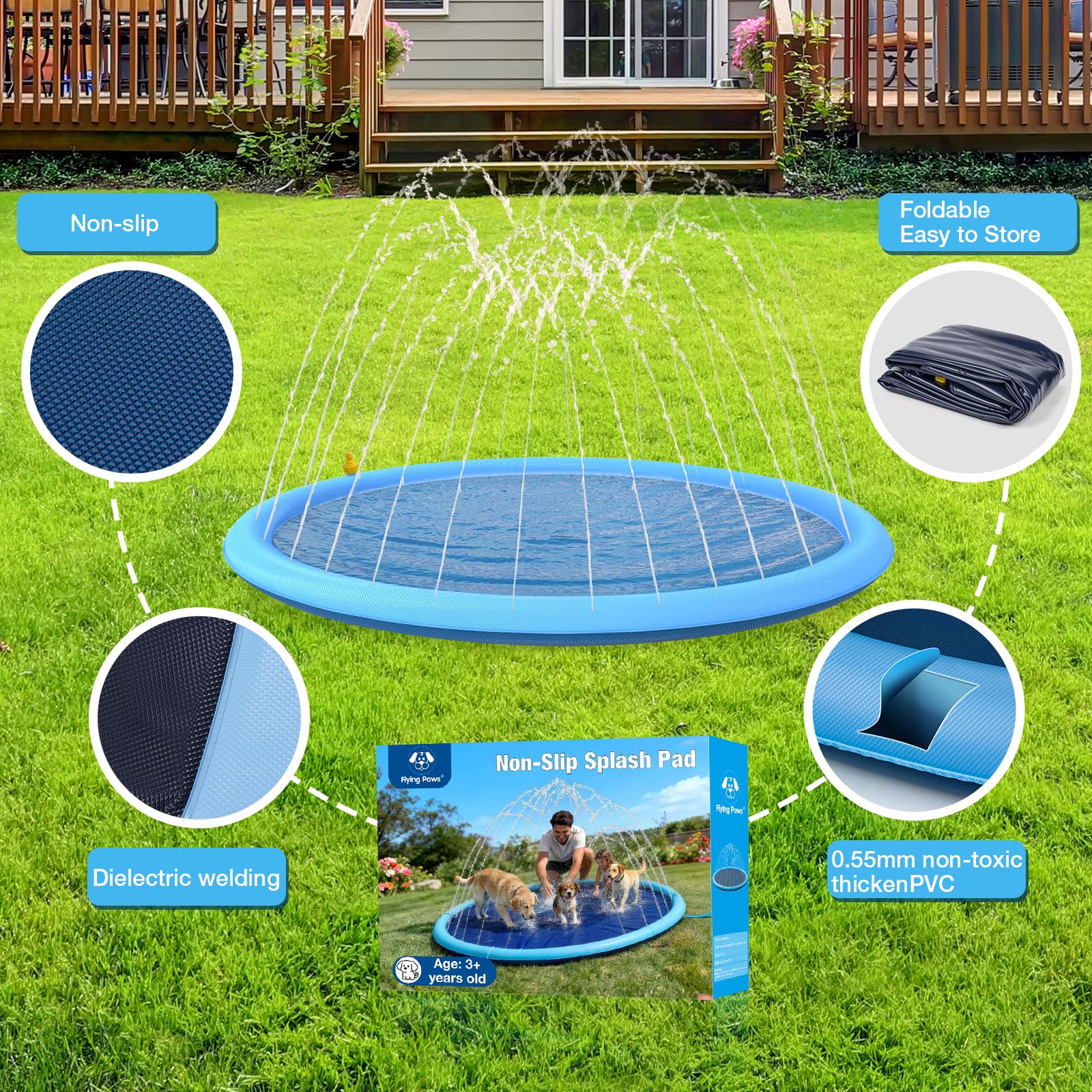 Tappetino resistente per cani, 170,2 cm, spesso, atossico, in PVC, antiscivolo, resistente agli strappi e spruzzatore per cani, piscine per cani resistenti all'usura