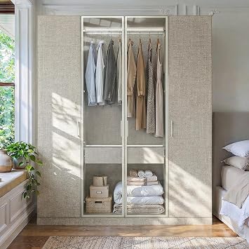 Homsee Lighted Wardrobe Armoire Closet, Bedroom Armoire System with Glass Doors, Home Clothes Storage Cabinet with Jewelry Drawer, Hanging Bars & Modern Fabric-Like Veneer, 63" W x 23.6" D x 77.1" H