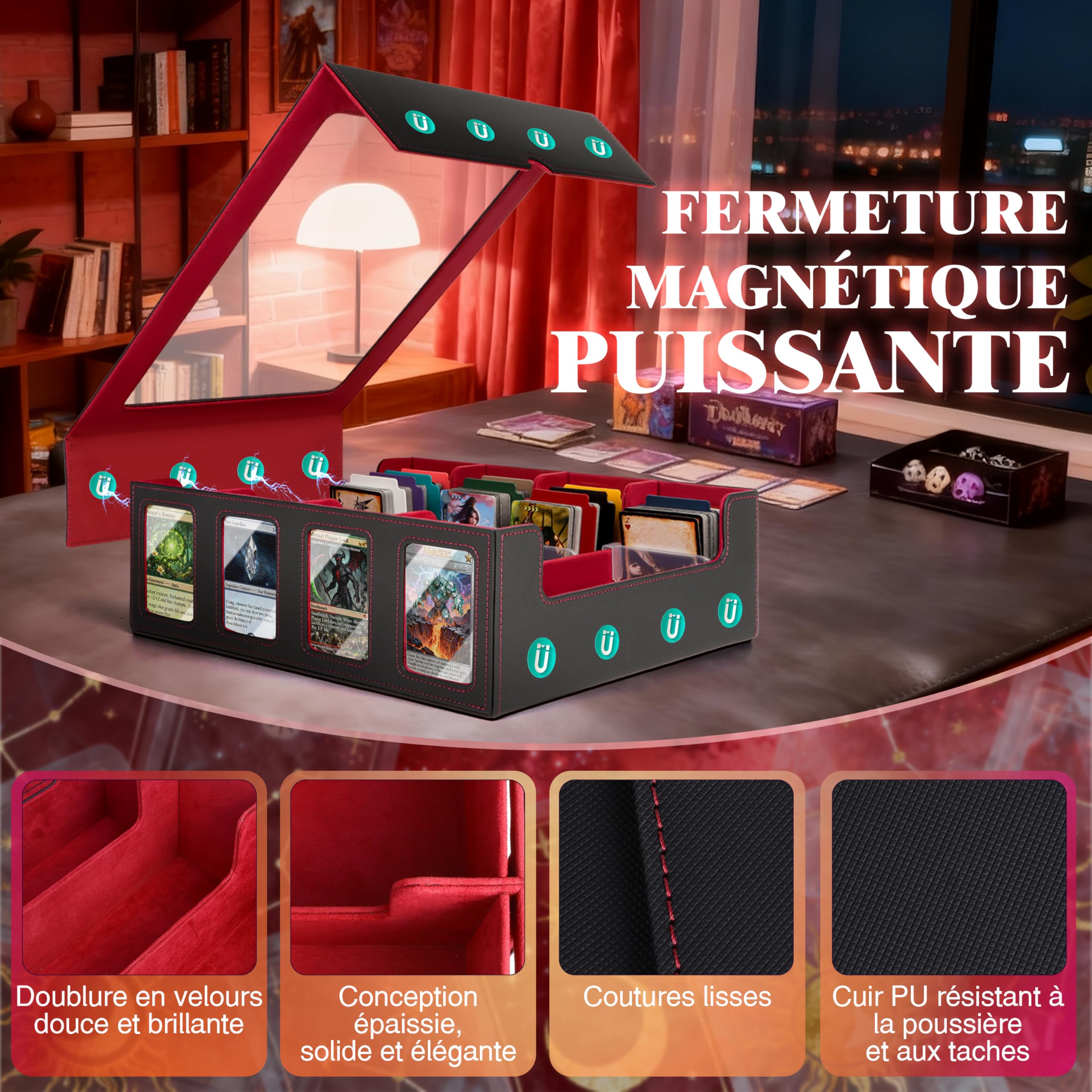 Charmofun Boîte Rangement Carte, Boîte à Cartes pour Plus de 2400+ Cartes Avec 10 Séparateurs, 4 Blocage et Plateau à Dés, Boîte à Rabat Magnétique Avec Cuir Pu et Poignée (Rouge, 2400+)
