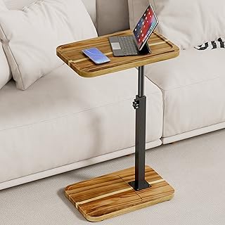 ZUJJAFY Tv Tray Table, Adjustable Height C Shaped End Side Table for Couch Chair Bed or Small Spaces, Swivel Sofa Armresrt Tables for Drinks Eating Dinner or Laptop, Acacia Wood