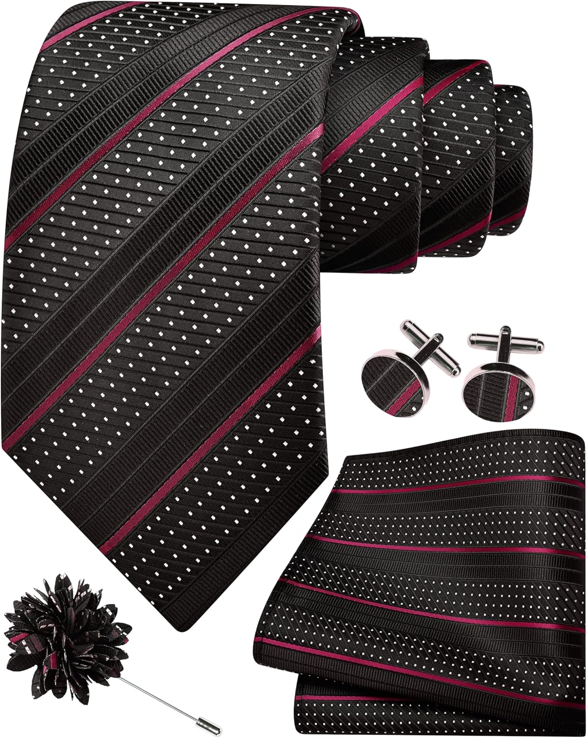 GUSLESON 3.15"(8cm) Striped Tie for Men With Lapel Pin Necktie Hankerchief Cufflinks Set